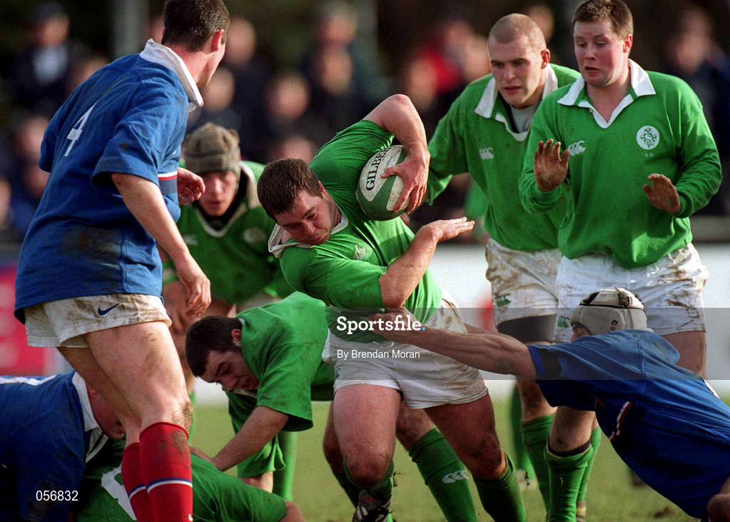 16 February 2001; Gavin Hickie of Ireland is tackled by Simon Azoulai of France during the U21 Rugby International match between Ireland and France at Templeville Road in Dublin. Photo by Brendan Moran/Sportsfile
