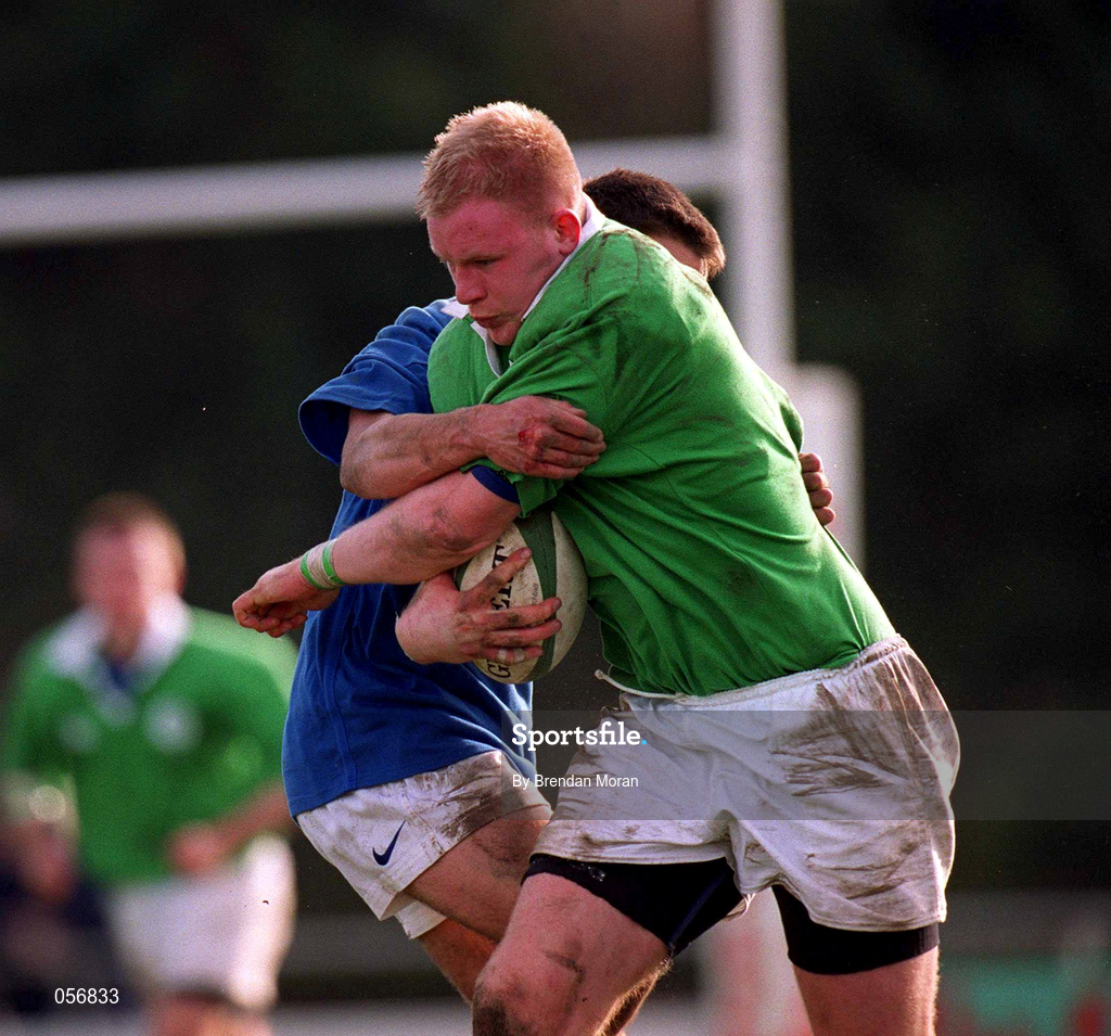 16 February 2001; Des Dillon of Ireland is tackled by Julien Peyrolongue of France during the U21 Rugby International match between Ireland and France at Templeville Road in Dublin. Photo by Brendan Moran/Sportsfile
