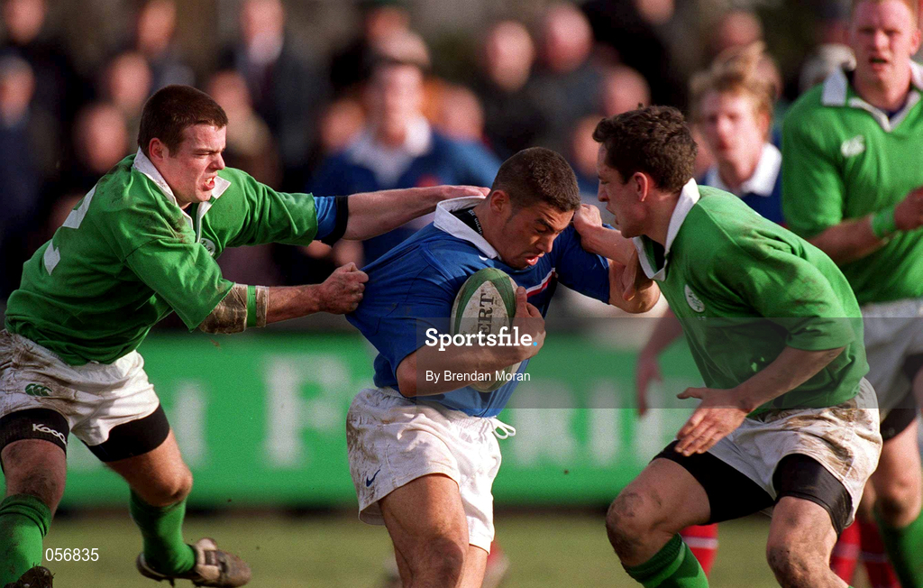16 February 2001; Rida Jaouher of France is tackled by Maurice Lawlor, left, and Kieran Lewis of Ireland during the U21 Rugby International match between Ireland and France at Templeville Road in Dublin. Photo by Brendan Moran/Sportsfile