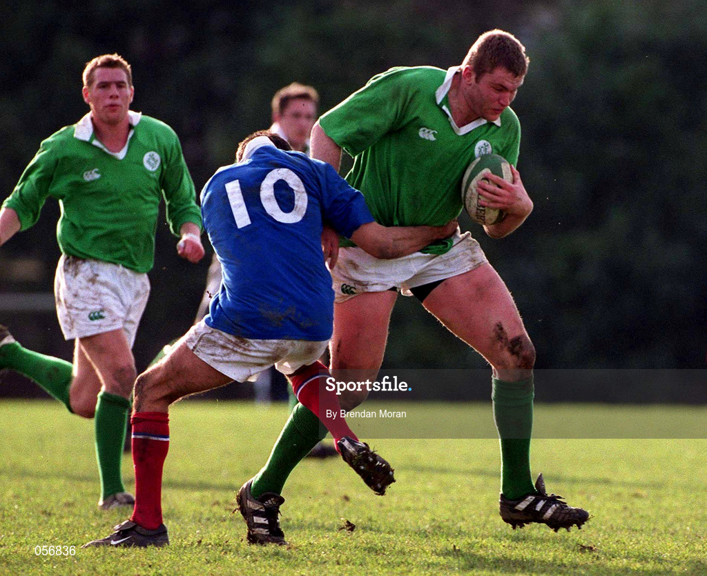 16 February 2001; Matthew McCullough of Ireland is tackled by Julien Peyrolongue of France during the U21 Rugby International match between Ireland and France at Templeville Road in Dublin. Photo by Brendan Moran/Sportsfile