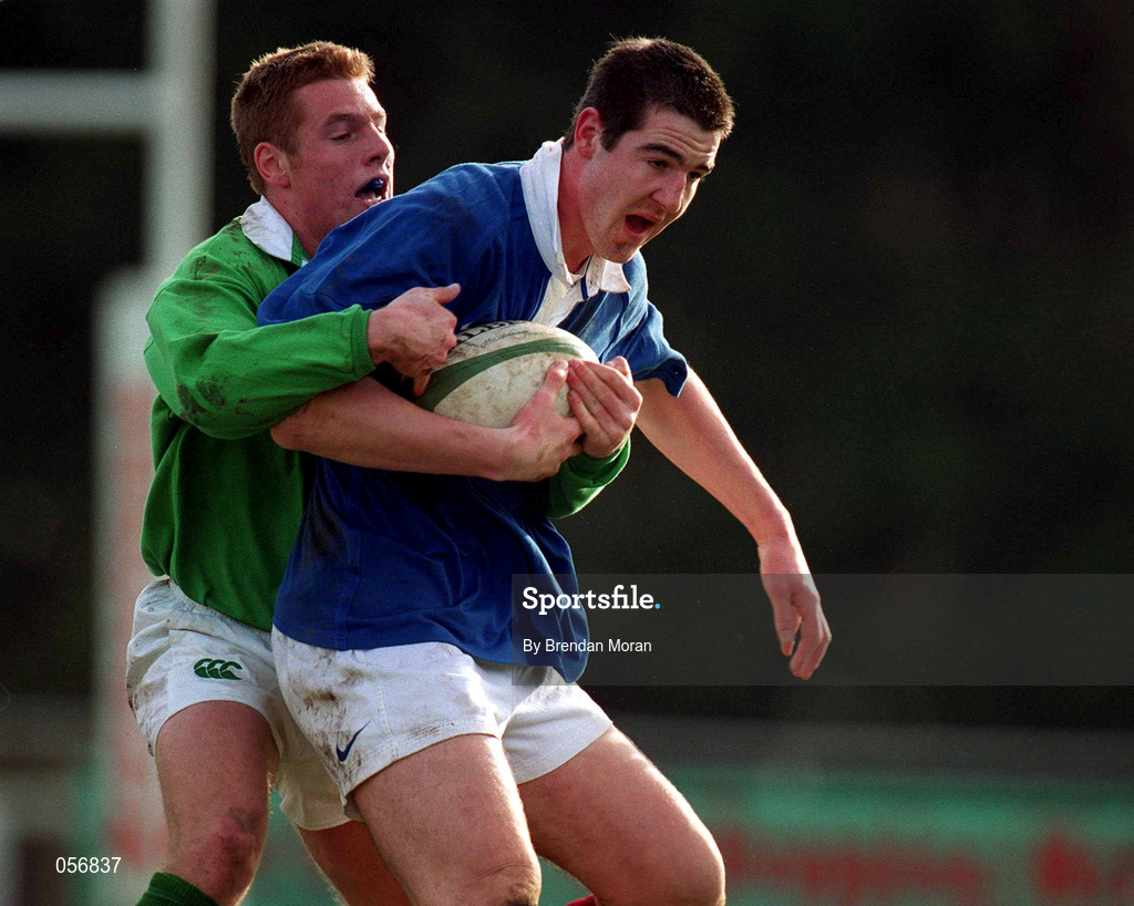 16 February 2001; Sebastien Pettigiani of France is tackled by Gavin Hickie of Ireland during the U21 Rugby International match between Ireland and France at Templeville Road in Dublin. Photo by Brendan Moran/Sportsfile