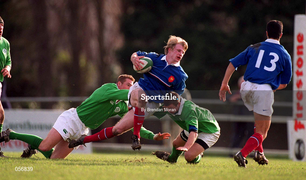 16 February 2001; Cedric Savignat of France is tackled by Gavin Hickie, left, and Maurice Lawlor of Ireland during the U21 Rugby International match between Ireland and France at Templeville Road in Dublin. Photo by Brendan Moran/Sportsfile