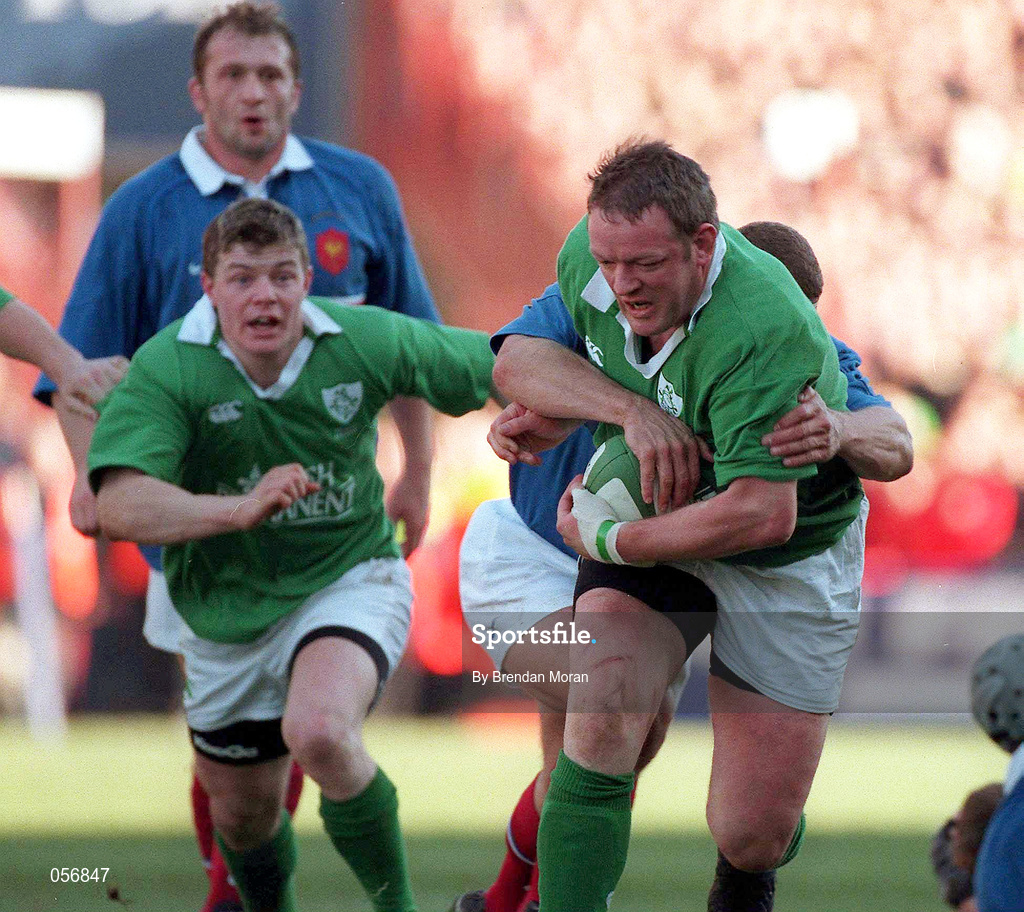 17 February 2001; Mick Galwey of Ireland, supported by team-mate Brian O'Driscoll, in action against France during the Lloyds TSB Six Nations Rugby Championship match between Ireland and France at Lansdowne Road in Dublin. Photo by Brendan Moran/Sportsfile