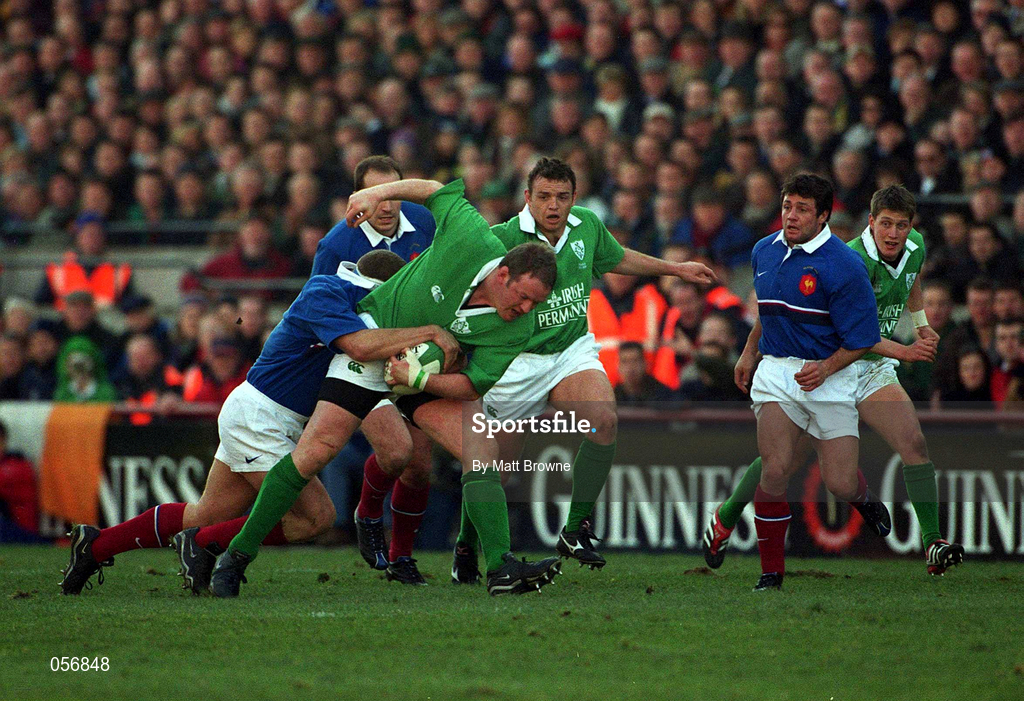 17 February 2001; Mick Galwey of Ireland is tackled by Pieter de Villiers of France during the Lloyds TSB Six Nations Rugby Championship match between Ireland and France at Lansdowne Road in Dublin. Photo by Matt Browne/Sportsfile