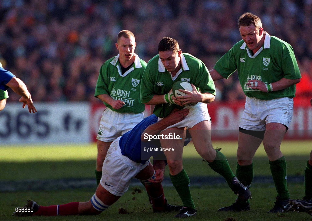 17 February 2001; David Wallace of Ireland is tackled by Abdelatif Benazzi of France during the Lloyds TSB Six Nations Rugby Championship match between Ireland and France at Lansdowne Road in Dublin. Photo by Matt Browne/Sportsfile