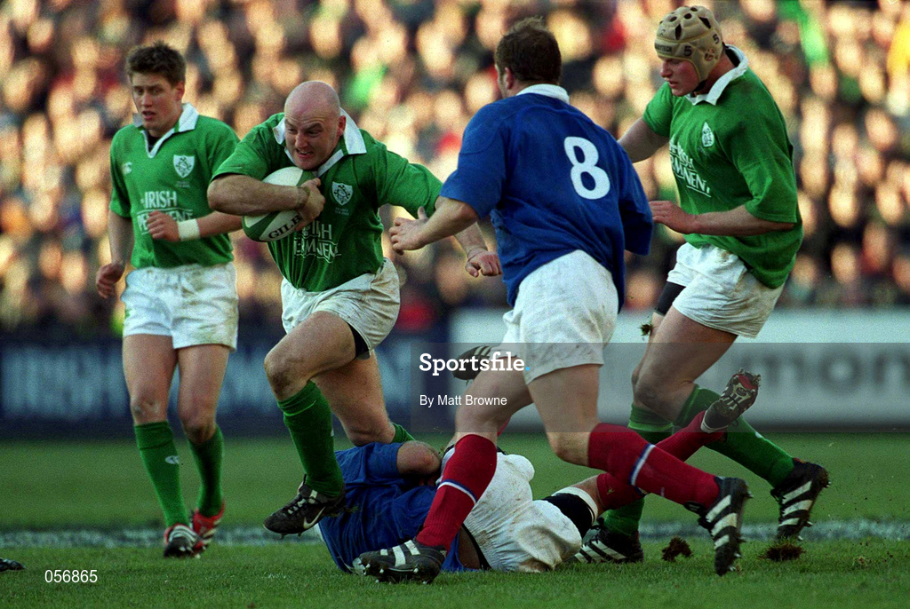 17 February 2001; Keith Wood of Ireland is tackled by Christophe Moni of France during the Lloyds TSB Six Nations Rugby Championship match between Ireland and France at Lansdowne Road in Dublin. Photo by Matt Browne/Sportsfile
