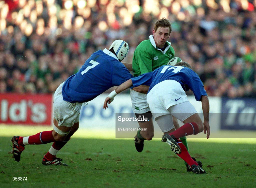 17 February 2001; Tyrone Howe of Ireland is tackled by Christophe Juillet, left,and Philippe Bernat-Salles of France during the Lloyds TSB Six Nations Rugby Championship match between Ireland and France at Lansdowne Road in Dublin. Photo by Brendan Moran/Sportsfile