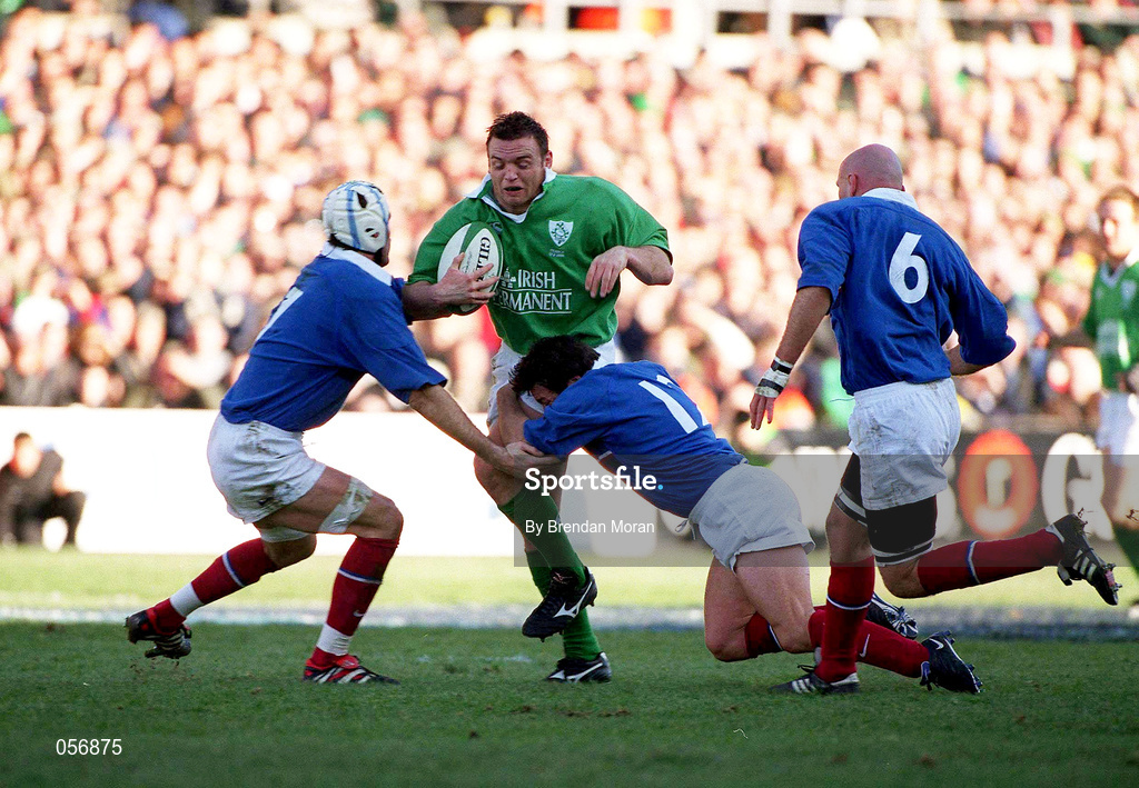 17 February 2001; Rob Henderson of Ireland is tackled by Christophe Juillet, left, and Franck Comba of France during the Lloyds TSB Six Nations Rugby Championship match between Ireland and France at Lansdowne Road in Dublin. Photo by Brendan Moran/Sportsfile