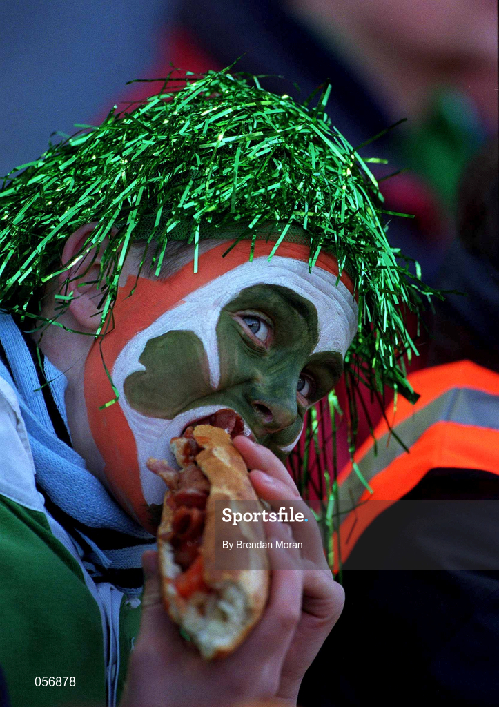 17 February 2001; An Ireland supporter eats their lunch prior to  the Lloyds TSB Six Nations Rugby Championship match between Ireland and France at Lansdowne Road in Dublin. Photo by Brendan Moran/Sportsfile