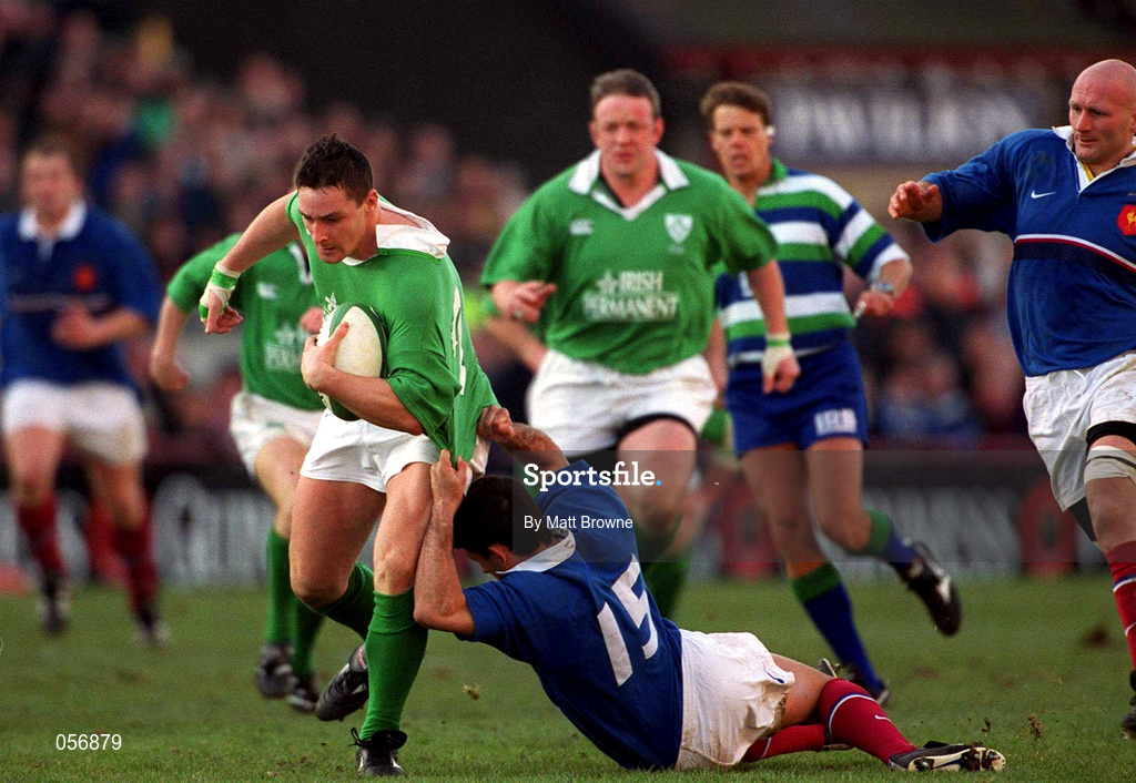 17 February 2001; David Wallace of Ireland is tackled by Xavier Garbajosa of France during the Lloyds TSB Six Nations Rugby Championship match between Ireland and France at Lansdowne Road in Dublin. Photo by Matt Browne/Sportsfile