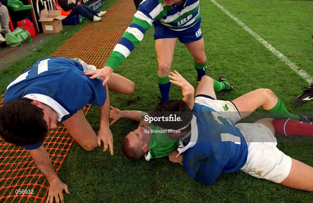 17 February 2001; Peter Stringer of Ireland is tackled into touch by Franck Comba of France during the Lloyds TSB Six Nations Rugby Championship match between Ireland and France at Lansdowne Road in Dublin. Photo by Brendan Moran/Sportsfile