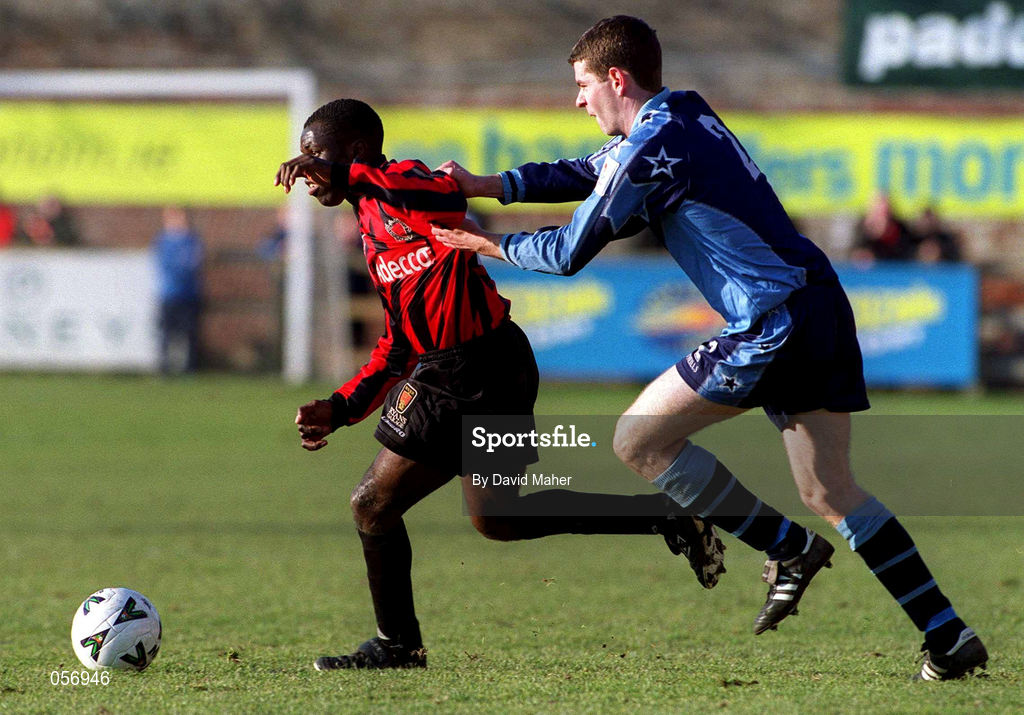 18 February 2001; Mark Rutherford of Bohemians in action against Eamon McLoughlin of UCD during the Eircom League Premier Division match between UCD and Bohemians at Belfield Park in Dublin. Photo by David Maher/Sportsfile