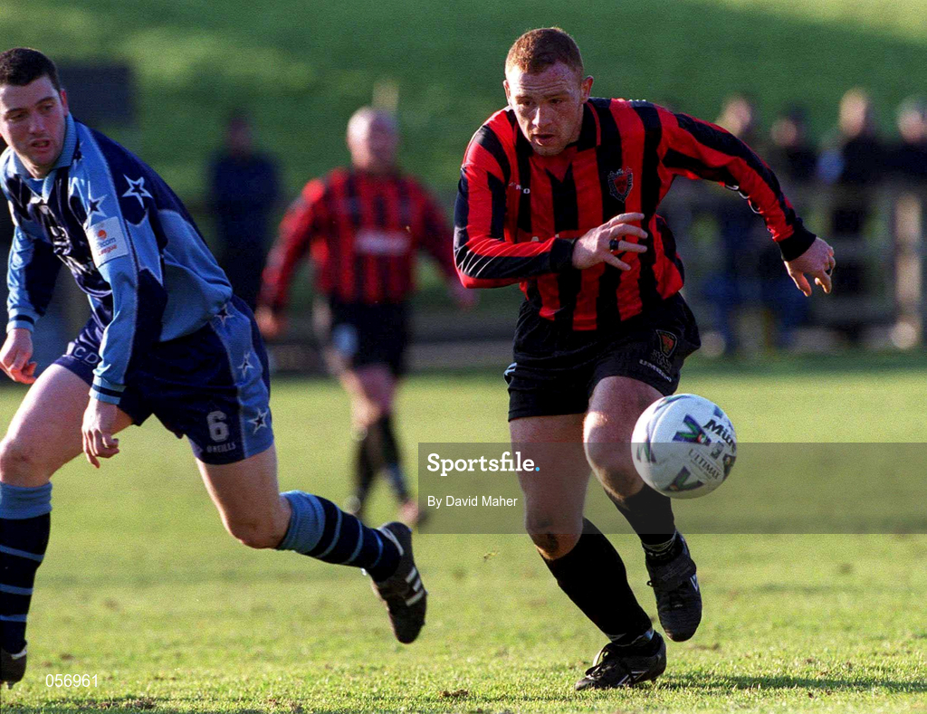 18 February 2001; Glen Crowe of Bohemians in action against Robert McAuley of UCD during the Eircom League Premier Division match between UCD and Bohemians at Belfield Park in Dublin. Photo by David Maher/Sportsfile