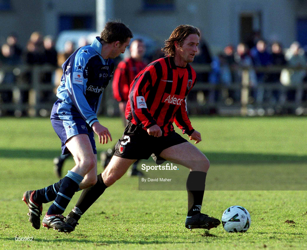 18 February 2001; Simon Webb of Bohemians in action against Paul O'Mara of UCD during the Eircom League Premier Division match between UCD and Bohemians at Belfield Park in Dublin. Photo by David Maher/Sportsfile