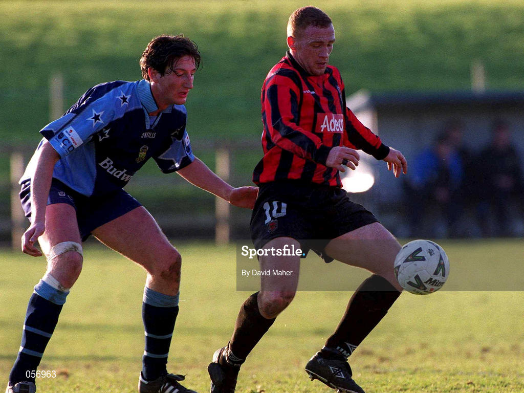 18 February 2001; Glen Crowe of Bohemians in action against Clive Delaney of UCD during the Eircom League Premier Division match between UCD and Bohemians at Belfield Park in Dublin. Photo by David Maher/Sportsfile
