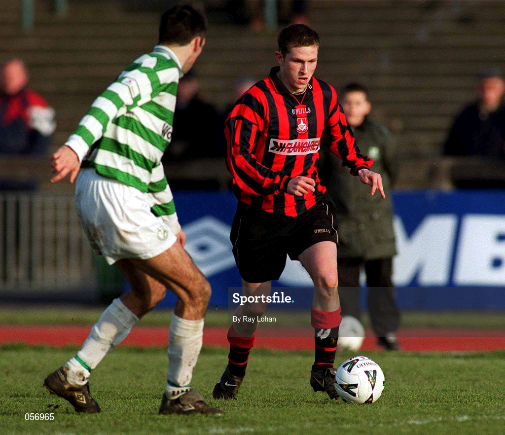18 February 2001; Sean Prunty of Longford Town in action against Terry Palmer of Shamrock Rovers during the Eircom League Premier Division match between Shamrock Rovers and Longford Town at Morton Stadium in Dublin. Photo by Ray Lohan/Sportsfile