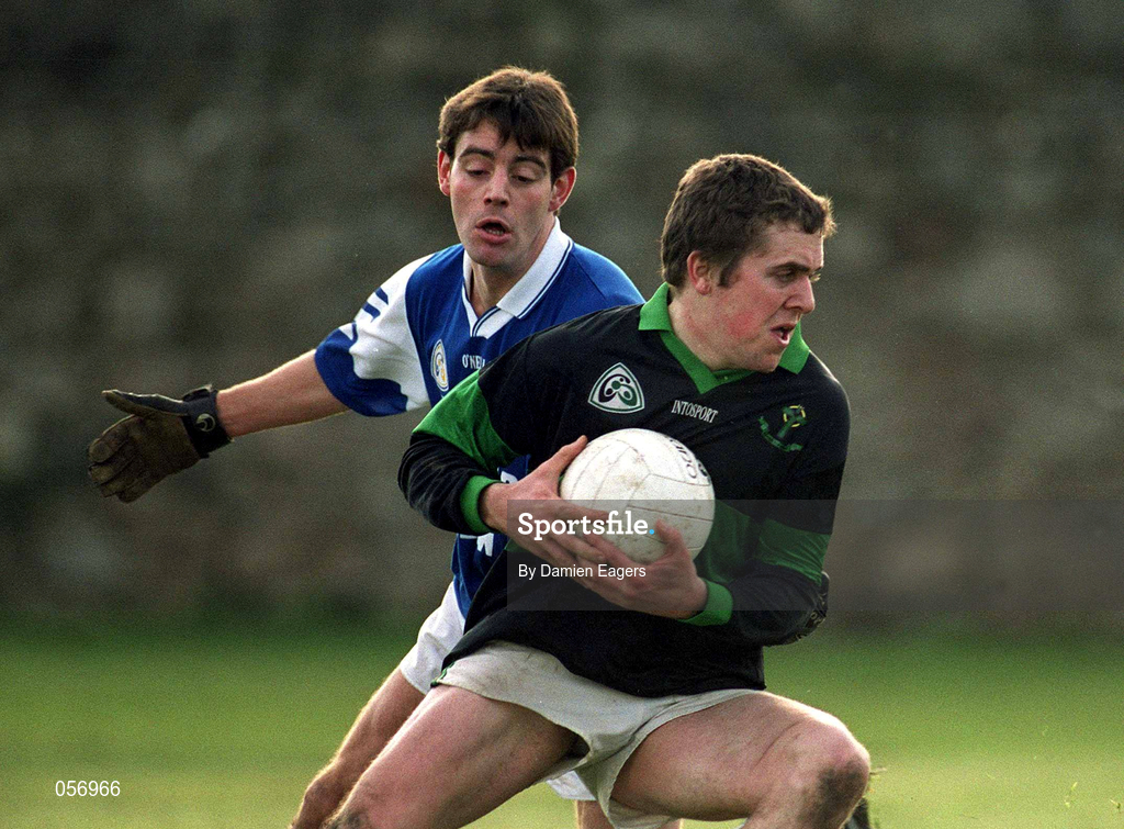 18 February 2001; Alan Cronin of Nemo Rangers is tackled by Niall English of O'Hanrahan's during the AIB All-Ireland Senior Club Football Championship Semi-Final match between Nemo Rangers and O'Hanrahan's at Clonmel Sportsfield in Clonmel, Tipperary. Photo by Damien Eagers/Sportsfile