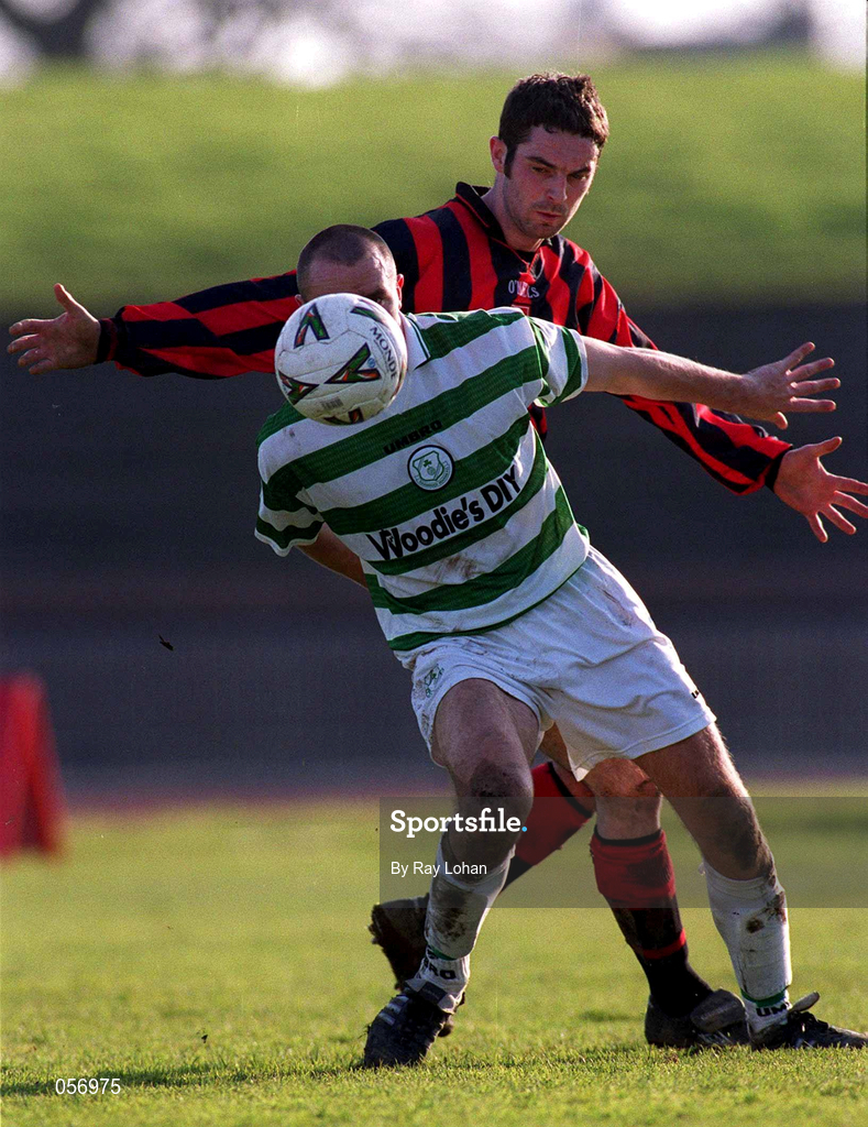 18 February 2001; Tony Grant of Shamrock Rovers in action against Paul McNally of Longford Town during the Eircom League Premier Division match between Shamrock Rovers and Longford Town at Morton Stadium in Dublin. Photo by Ray Lohan/Sportsfile