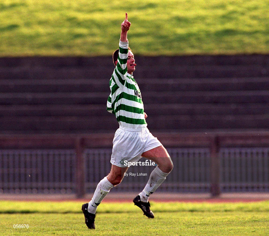 18 February 2001; Billy Woods of Shamrock Rovers celebrates scoring his side's first goal during the Eircom League Premier Division match between Shamrock Rovers and Longford Town at Morton Stadium in Dublin. Photo by Ray Lohan/Sportsfile