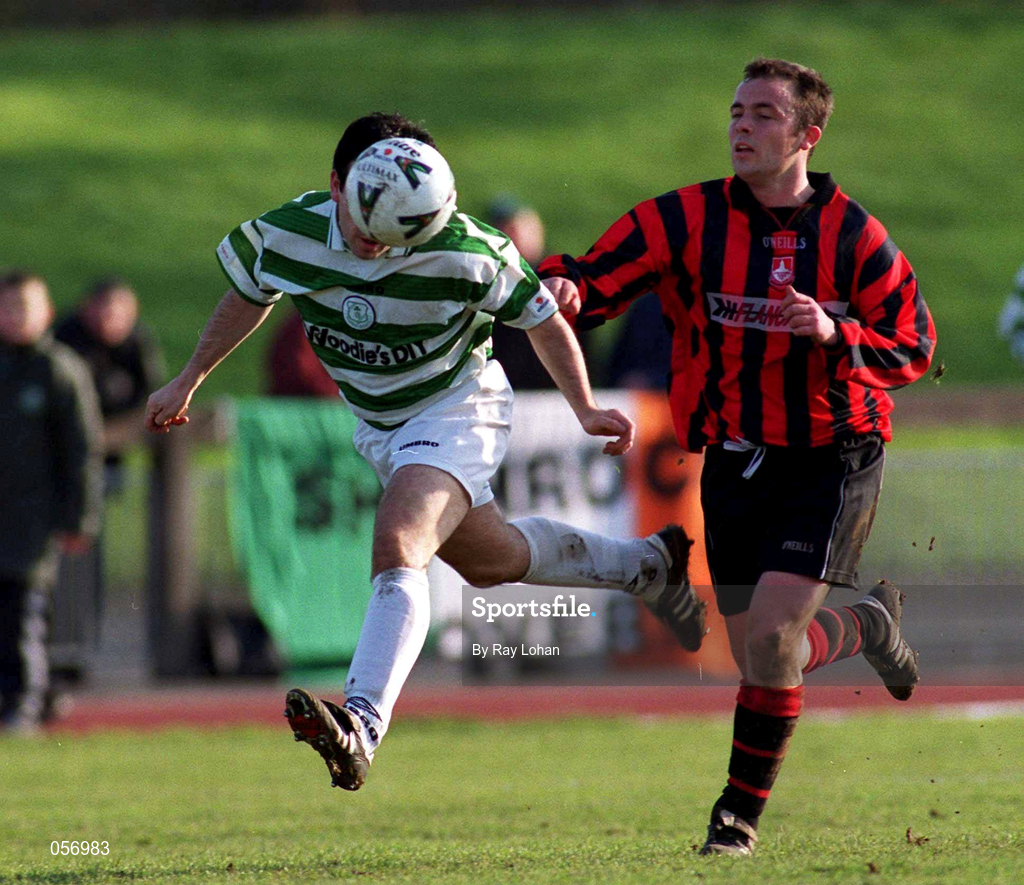 18 February 2001; Jason Colwell of Shamrock Rovers in action against Niall Byrne of Longford Town during the Eircom League Premier Division match between Shamrock Rovers and Longford Town at Morton Stadium in Dublin. Photo by Ray Lohan/Sportsfile