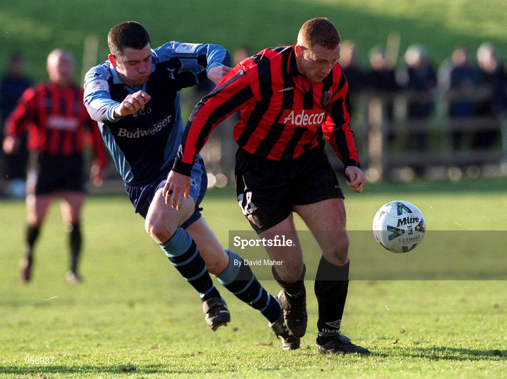 18 February 2001; Glen Crowe of Bohemians in action against Robert McAuley of UCD during the Eircom League Premier Division match between UCD and Bohemians at Belfield Park in Dublin. Photo by David Maher/Sportsfile