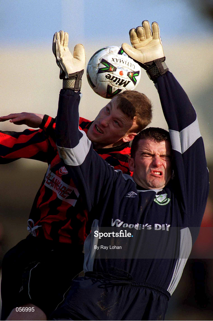 18 February 2001; Shamrock Rovers goalkeeper Robbie Horgan in action against Keith O'Connor of Longford Town during the Eircom League Premier Division match between Shamrock Rovers and Longford Town at Morton Stadium in Dublin. Photo by Ray Lohan/Sportsfile