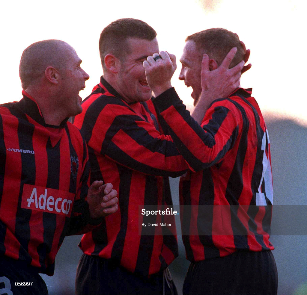 18 February 2001; Glen Crowe of Bohemians celebrates with team-mates Paul Byrne and Stephen Caffrey after scoring their side's fourth and winning goal during the Eircom League Premier Division match between UCD and Bohemians at Belfield Park in Dublin. Photo by David Maher/Sportsfile