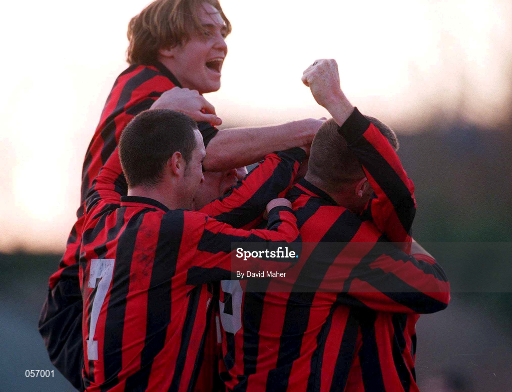18 February 2001; Glen Crowe of Bohemians, hidden, is congratulated by team-mates after scoring their fourth and winning goal during the Eircom League Premier Division match between UCD and Bohemians at Belfield Park in Dublin. Photo by David Maher/Sportsfile