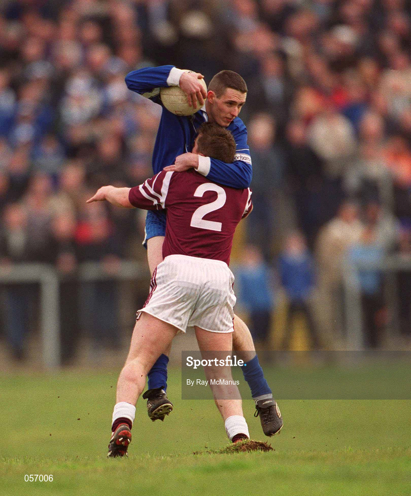 18 February 2001; Francis Glackin of Bellaghy Wolfe Tones is tackled by Stephen Rochford of Crossmolina Deel Rovers during the AIB All-Ireland Senior Club Football Championship Semi-Final match between Crossmolina Deel Rovers v Bellaghy Wolfe Tones at Brewster Park in Enniskillen, Fermanagh. Photo by Ray McManus/Sportsfile