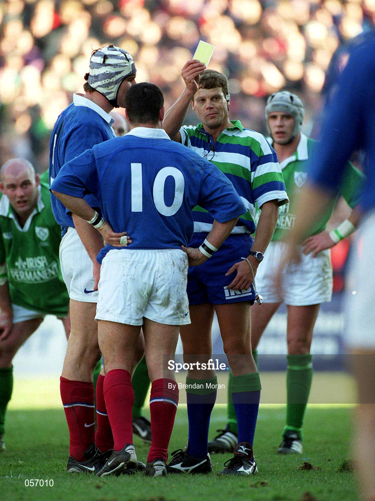17 February 2001; Christophe Lamaison of France, 10, is shown a yellow card and sin-binned by referee Scott Young in the company of French Captain Fabien Pelous, left, during the Lloyds TSB Six Nations Rugby Championship match between Ireland and France at Lansdowne Road in Dublin. Photo by Brendan Moran/Sportsfile