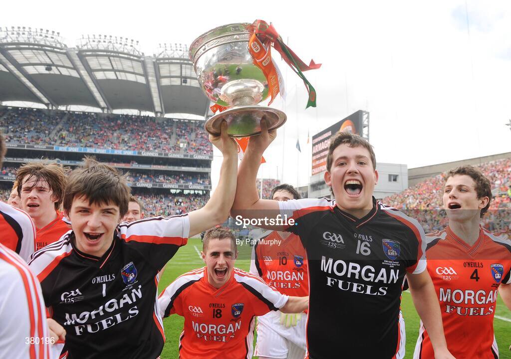 20 September 2009; Armagh players, from left, Stephen O'Reilly, Christopher McCafferty, Darren Kelly and Kevin Nugent celebrate with the Tom Markham Cup. ESB GAA Football All-Ireland Minor Championship Final, Armagh v Mayo, Croke Park, Dublin. Picture credit: Pat Murphy / SPORTSFILE