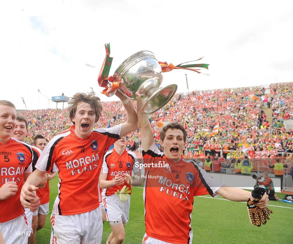 20 September 2009; Armagh players, from left, Declan McKenna, Andrew Murnin and Kevin Nugent celebrate with the Tom Markham Cup. ESB GAA Football All-Ireland Minor Championship Final, Armagh v Mayo, Croke Park, Dublin. Picture credit: Pat Murphy / SPORTSFILE