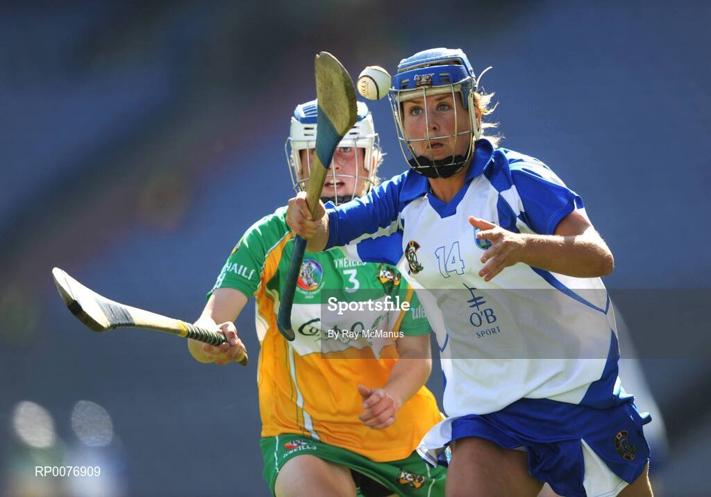 13 September 2009; Karen Kelly, Waterford, in action against Lorraine Kenna, Offaly. Gala All-Ireland Junior Camogie Championship Final, Offaly v Waterford, Croke Park, Dublin. Picture credit: Ray McManus / SPORTSFILE