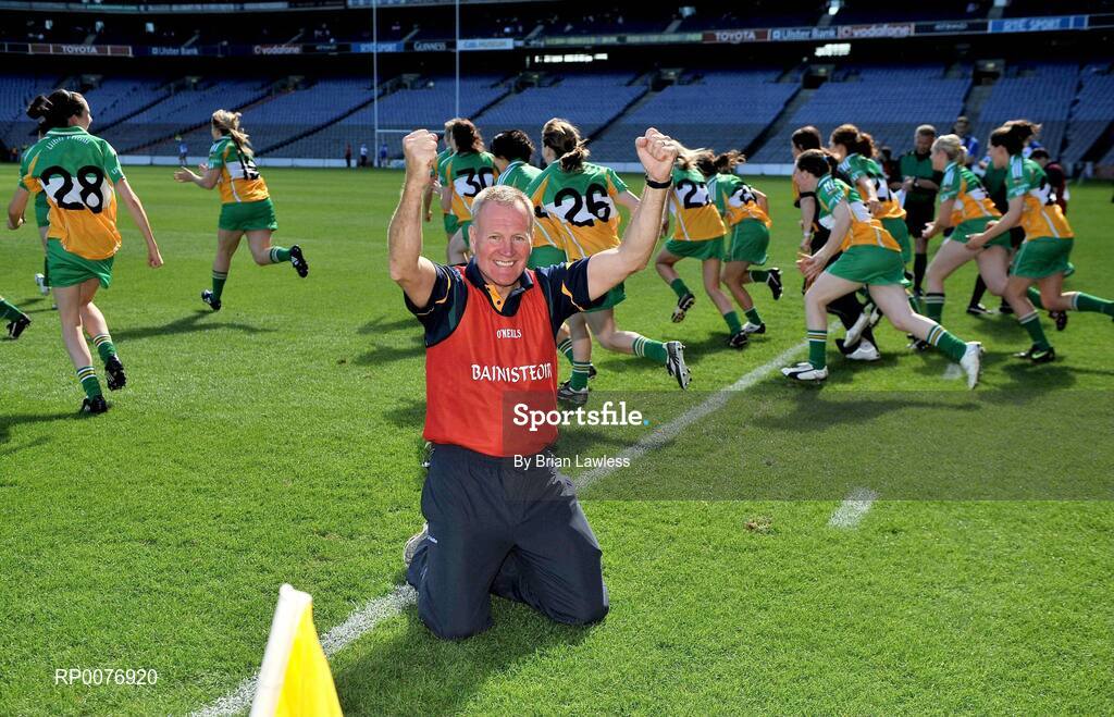 13 September 2009; Offaly manager Joachim Kelly celebrates at the final whistle. Gala All-Ireland Junior Camogie Championship Final, Offaly v Waterford, Croke Park, Dublin. Picture credit: Brian Lawless / SPORTSFILE