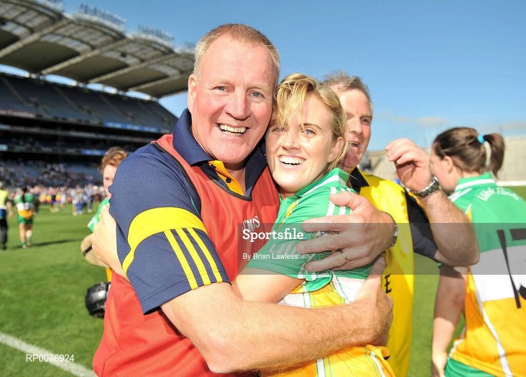 13 September 2009; Offaly manager Joachim Kelly celebrates with his daughter, and Offaly player, Aoife Kelly after the match. Gala All-Ireland Junior Camogie Championship Final, Offaly v Waterford, Croke Park, Dublin. Picture credit: Brian Lawless / SPORTSFILE