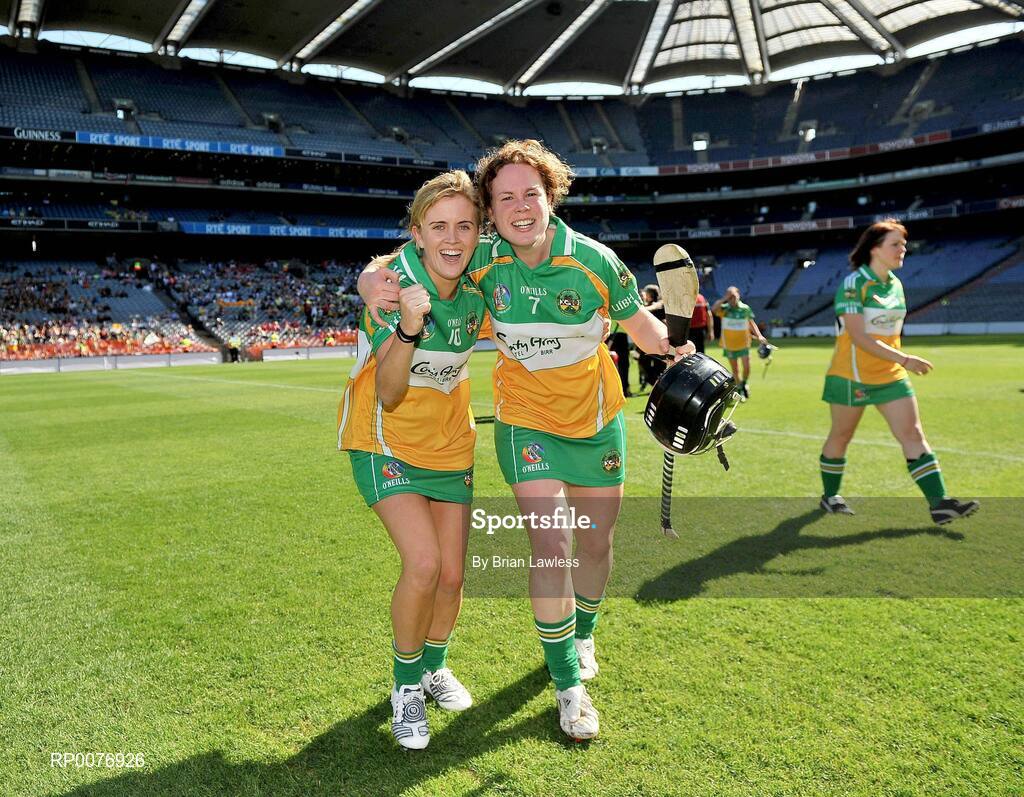 13 September 2009; Offaly players Aoife Kelly, left, and Sheila Sullivan, celebrate after the match. Gala All-Ireland Junior Camogie Championship Final, Offaly v Waterford, Croke Park, Dublin. Picture credit: Brian Lawless / SPORTSFILE