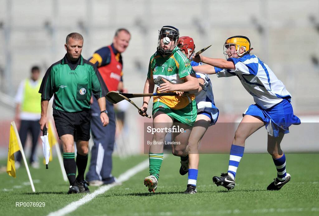 13 September 2009; Sheila Sullivan, Offaly, in action against Aine Lyng and Nicola Morrissey, right, Waterford. Gala All-Ireland Junior Camogie Championship Final, Offaly v Waterford, Croke Park, Dublin. Picture credit: Brian Lawless / SPORTSFILE