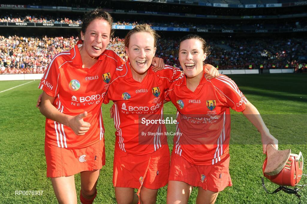 13 September 2009; Cork players, from left, Orla Cotter, Síle Burns and Cathríona Foley celebrate victory. Gala All-Ireland Senior Camogie Championship Final, Cork v Kilkenny, Croke Park, Dublin. Picture credit: Stephen McCarthy / SPORTSFILE