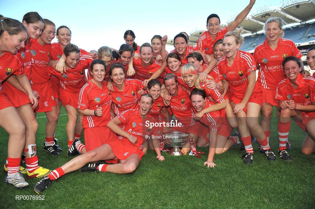 13 September 2009; The Cork team celebrate with the O'Duffy cup. Gala All-Ireland Senior Camogie Championship Final, Cork v Kilkenny, Croke Park, Dublin. Picture credit: Brian Lawless / SPORTSFILE
