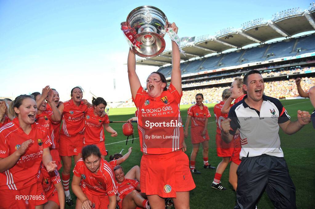 13 September 2009; Cork's Sara Hayes celebrates with the O'Duffy cup after the match. Gala All-Ireland Senior Camogie Championship Final, Cork v Kilkenny, Croke Park, Dublin. Picture credit: Brian Lawless / SPORTSFILE