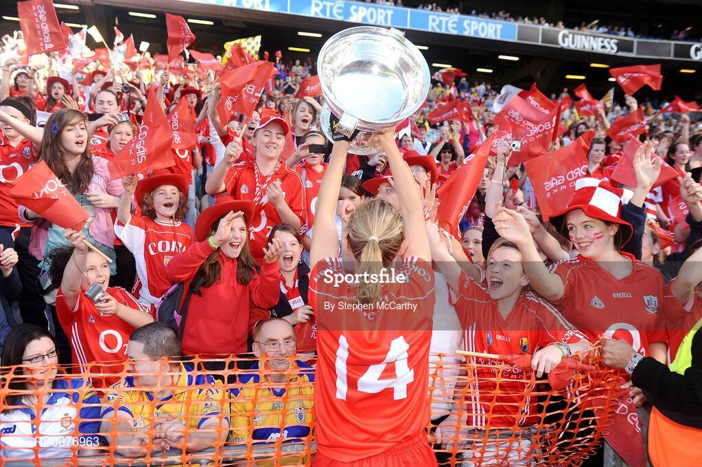 13 September 2009; Emer O'Farrell, Cork, celebrates with supporters after her side's victory. Gala All-Ireland Senior Camogie Championship Final, Cork v Kilkenny, Croke Park, Dublin. Picture credit: Stephen McCarthy / SPORTSFILE