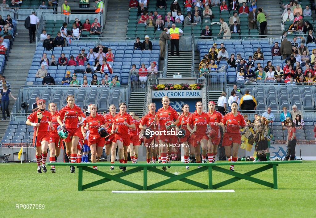 13 September 2009; The Cork team run onto the pitch ahead of the game. Gala All-Ireland Senior Camogie Championship Final, Cork v Kilkenny, Croke Park, Dublin. Picture credit: Stephen McCarthy / SPORTSFILE