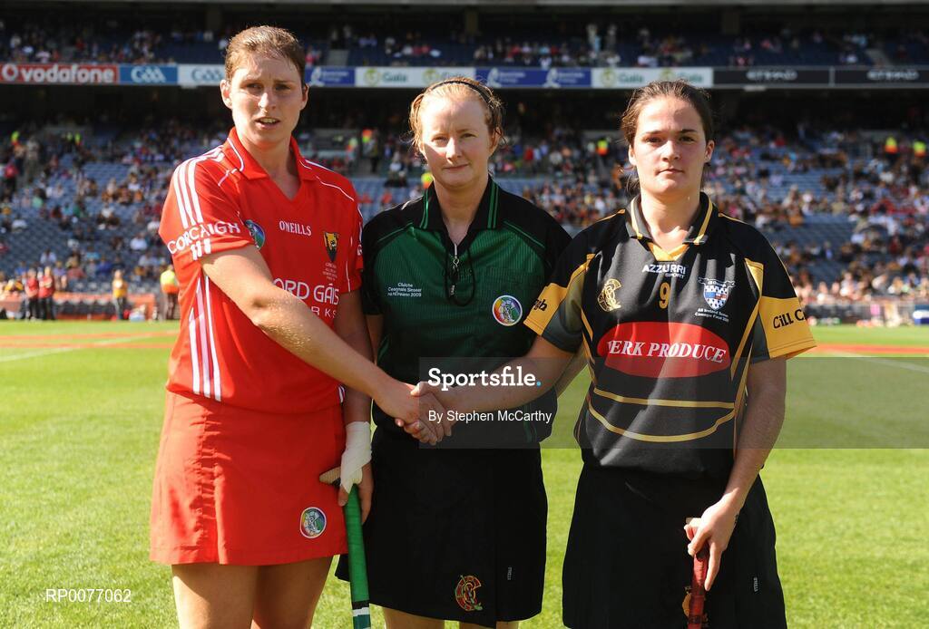 13 September 2009; Referee Una Kearney with Cork captain Amanda O'Regan and Kilkenny captain Ann Dalton. Gala All-Ireland Senior Camogie Championship Final, Cork v Kilkenny, Croke Park, Dublin. Picture credit: Stephen McCarthy / SPORTSFILE