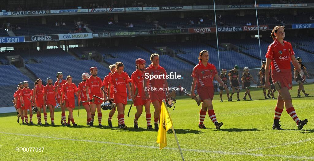13 September 2009; The Cork team during the pre-match parade. Gala All-Ireland Senior Camogie Championship Final, Cork v Kilkenny, Croke Park, Dublin. Picture credit: Stephen McCarthy / SPORTSFILE