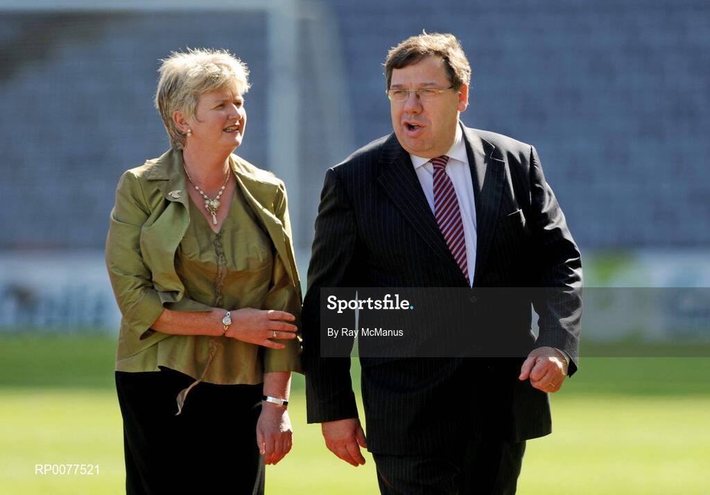 13 September 2009; An Taoiseach Brian Cowen T.D. with Joan O'Flynn, President of the Camogie Association. Gala All-Ireland Senior Camogie Championship Final, Cork v Kilkenny, Croke Park, Dublin. Picture credit: Ray McManus / SPORTSFILE