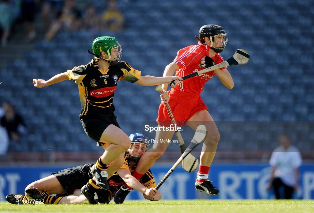 13 September 2009; Emer O'Farrell, Cork, in action against Amy Butler and Leann Fennelly, bottom, Kilkenny. Gala All-Ireland Senior Camogie Championship Final, Cork v Kilkenny, Croke Park, Dublin. Picture credit: Ray McManus / SPORTSFILE