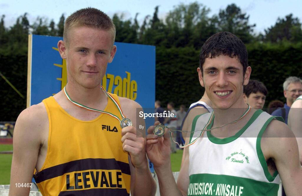 27 July 2002; Winner of the U.18 3,000m Final Jamie McCarthy, right, Riverstick AC, Kinsale and Mark Hanrahan, Leevale AC, bronze, at the Lucozade Sport AAI Juvenile Track & Field Championship of Ireland 2002, Tullamore Harriers Stadium, Tullamore, Co. Offaly. Athletics. Picture credit; Ray McManus / SPORTSFILE