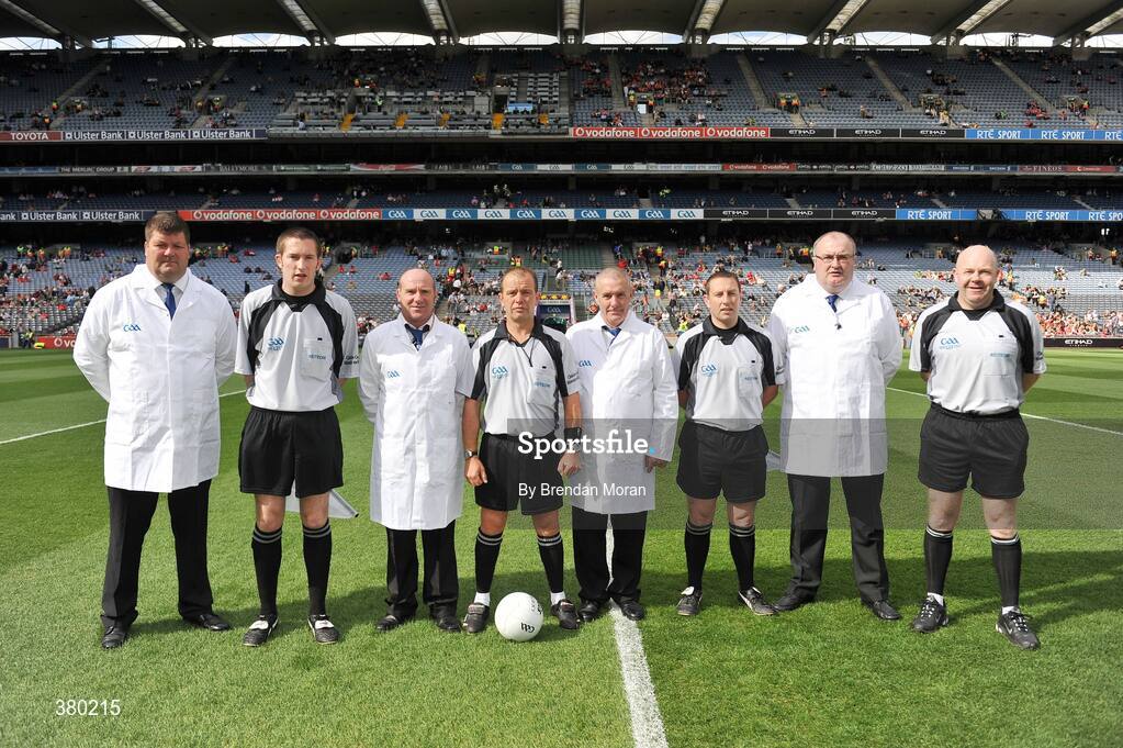 20 September 2009; Referee Eddie Kinsella with linesmen Brian O'Shea and Derek O'Mahony, sideline official Richard Maloney and umpires Pat O'Connell, Arthur O'Connor, Alan O'Halloran and Pat Behan. ESB GAA Football All-Ireland Minor Championship Final, Armagh v Mayo, Croke Park, Dublin. Picture credit: Brendan Moran / SPORTSFILE