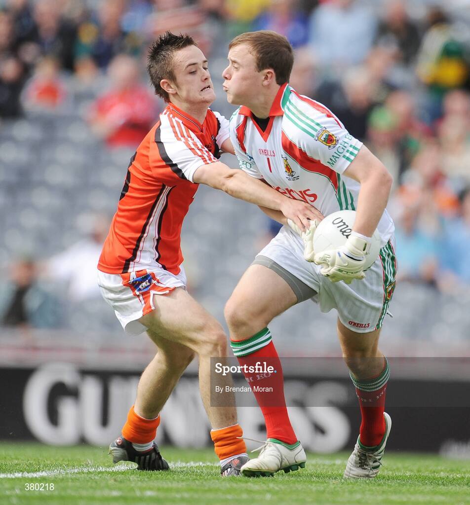 20 September 2009; Michael Schlingermann, Mayo, in action against Robbie Tasker, Armagh. ESB GAA Football All-Ireland Minor Championship Final, Armagh v Mayo, Croke Park, Dublin. Picture credit: Brendan Moran / SPORTSFILE