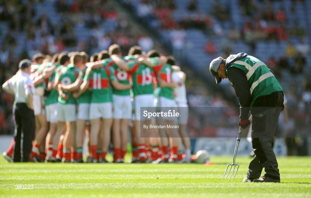 20 September 2009; A member of the ground staff tends to the pitch as the Mayo team prepare for the start of the second-half. ESB GAA Football All-Ireland Minor Championship Final, Armagh v Mayo, Croke Park, Dublin. Picture credit: Brendan Moran / SPORTSFILE
